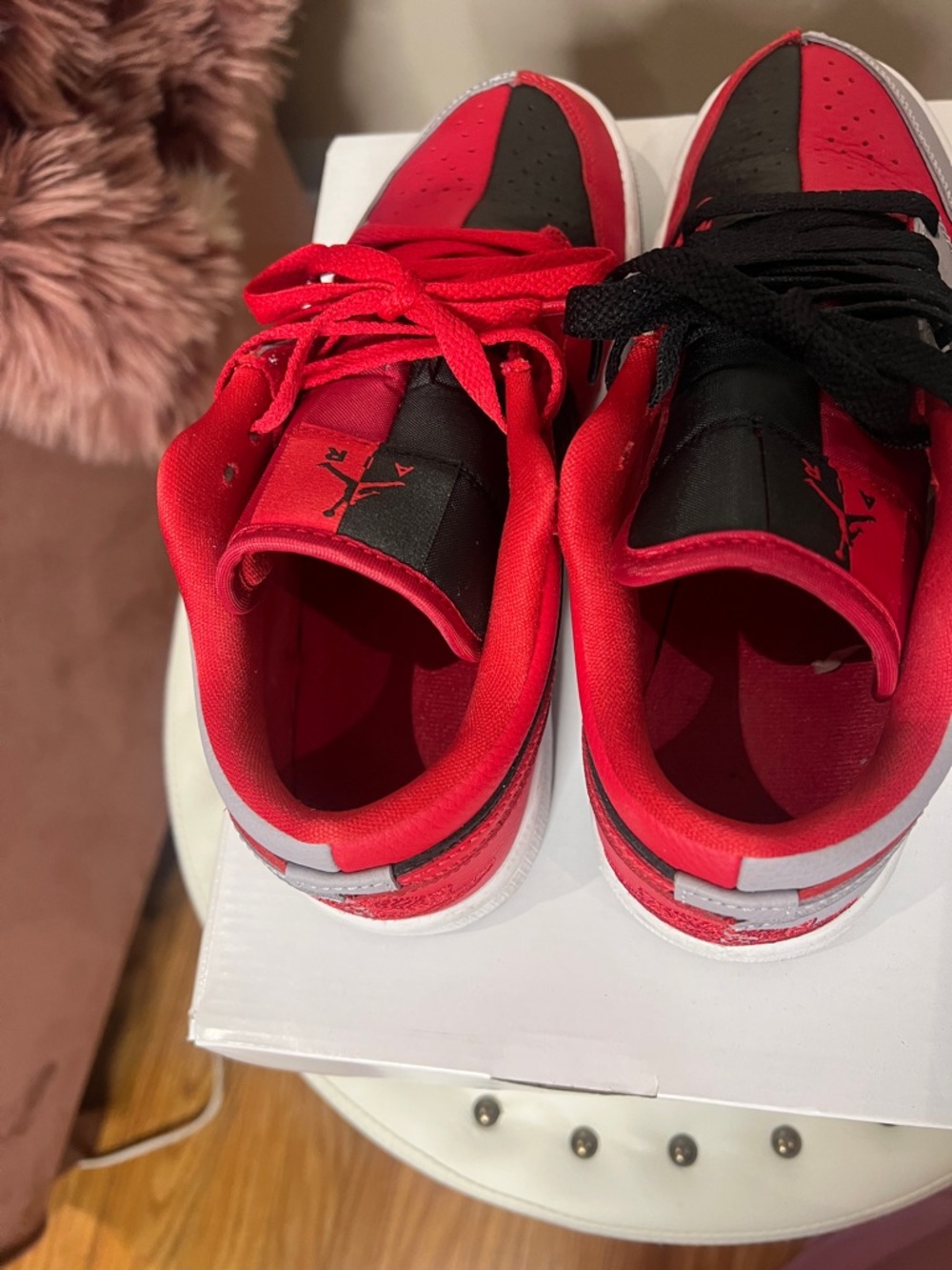 Women’s Red, Black & Gray Low-Top Jordan 1 Sneakers - Picture 3 of 5